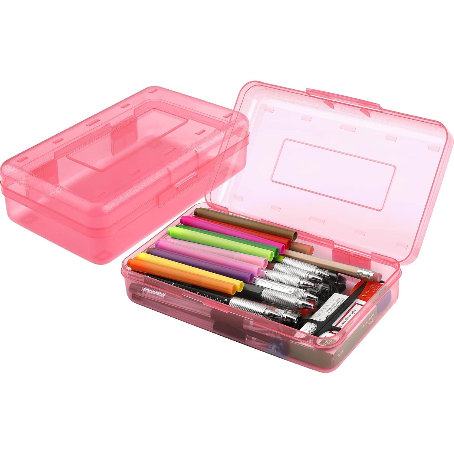 Pencil Box, Large Capacity Clear Pencil Case, Hard Pencil Case, Clear Crayon Box with Snap-tight Lid Stackable Design, Plastic Storage Box for Office Supplies, Pink, 1PCS