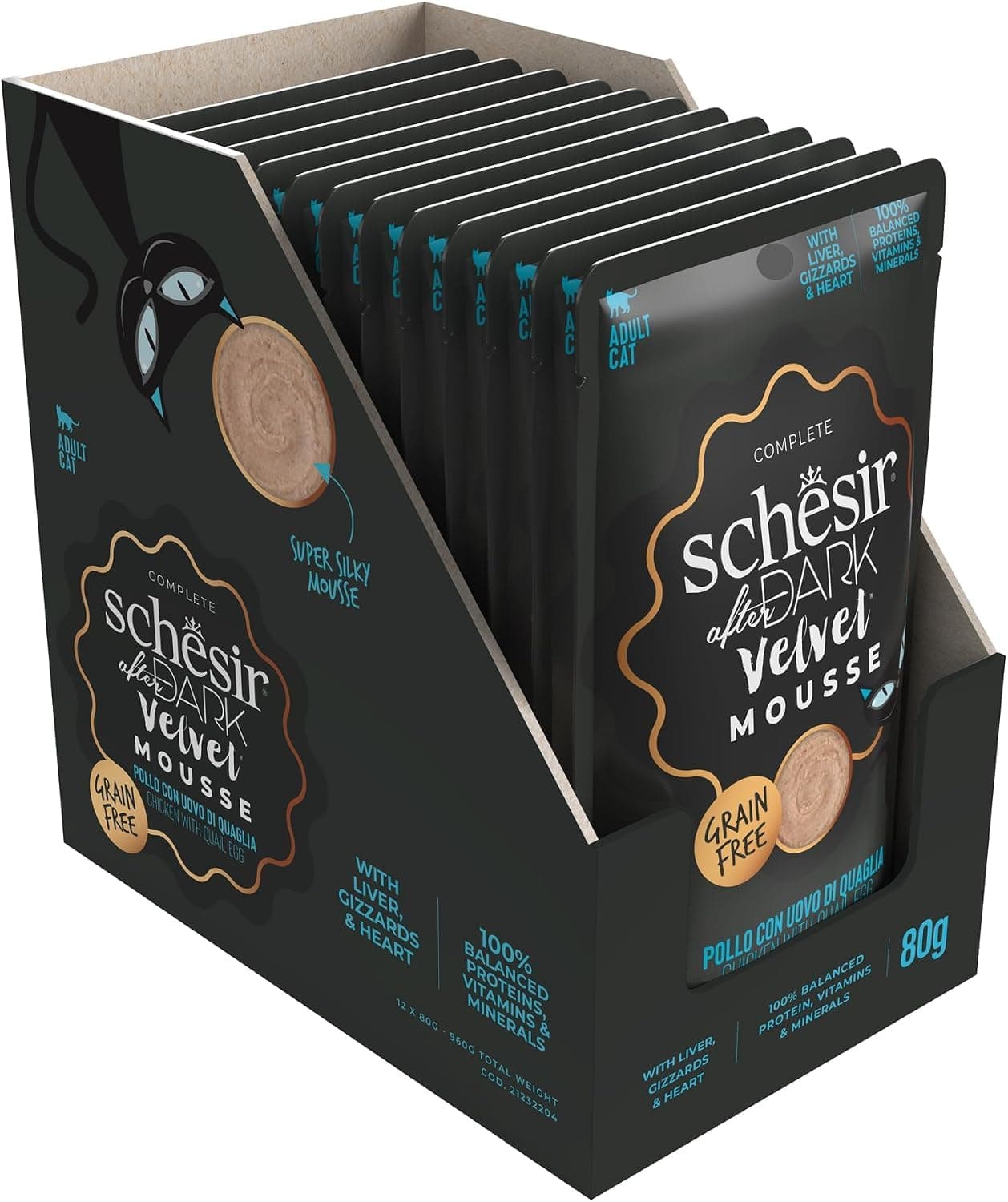 Schesir After Dark Chicken with Quail Eggs Mousse, Complete Wet Food for Adult Cats (Envelopes 12 x 80 g)