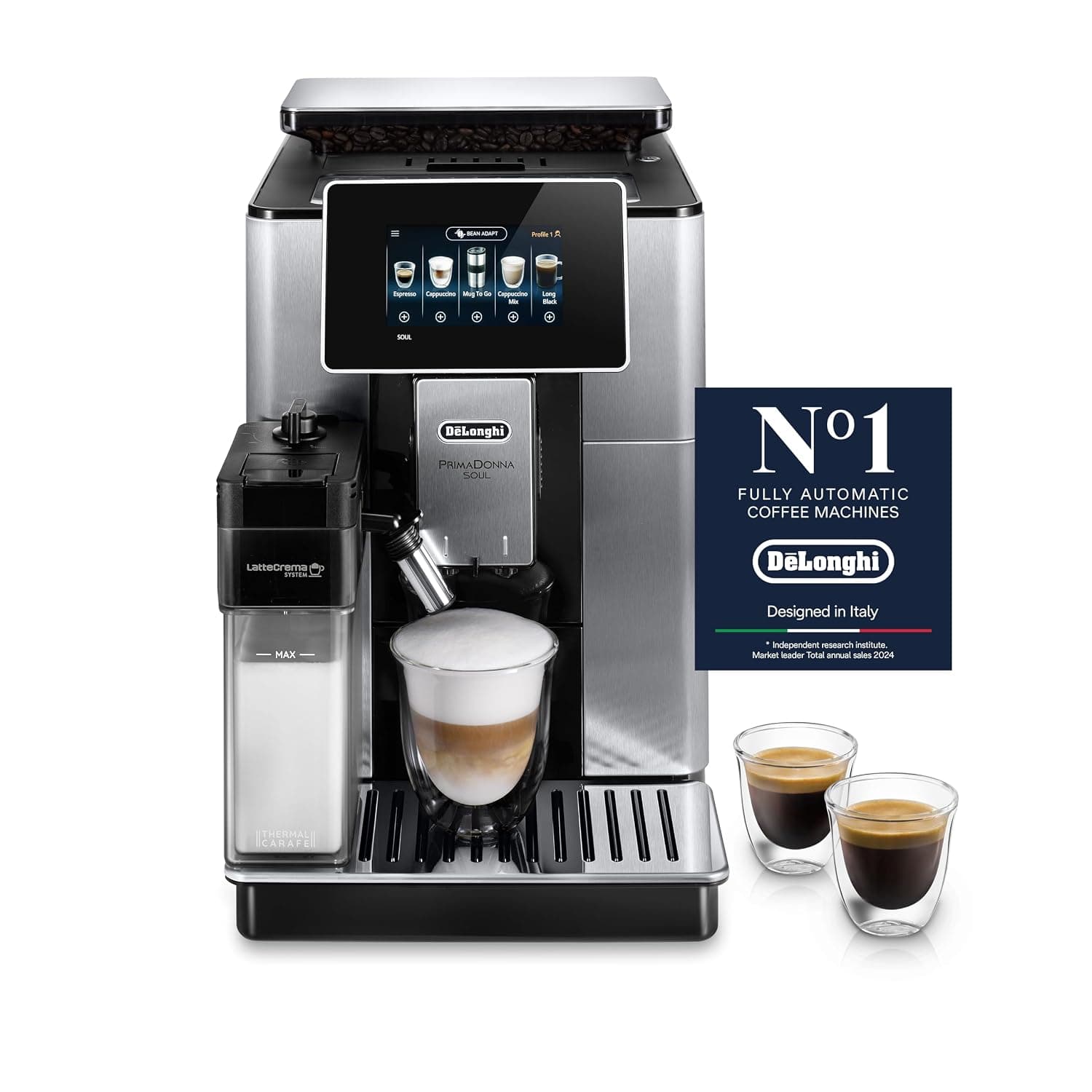 DE'LONGHI Coffee Machine PRIMADONNA SOUL Fully Automatic Bean to Cup Coffee Machine, 20+ Functions, Ideal for Espresso, Americano, Cappuccino, Latte, Macchiato & Many More Coffee Recipes ECAM610.75.MB