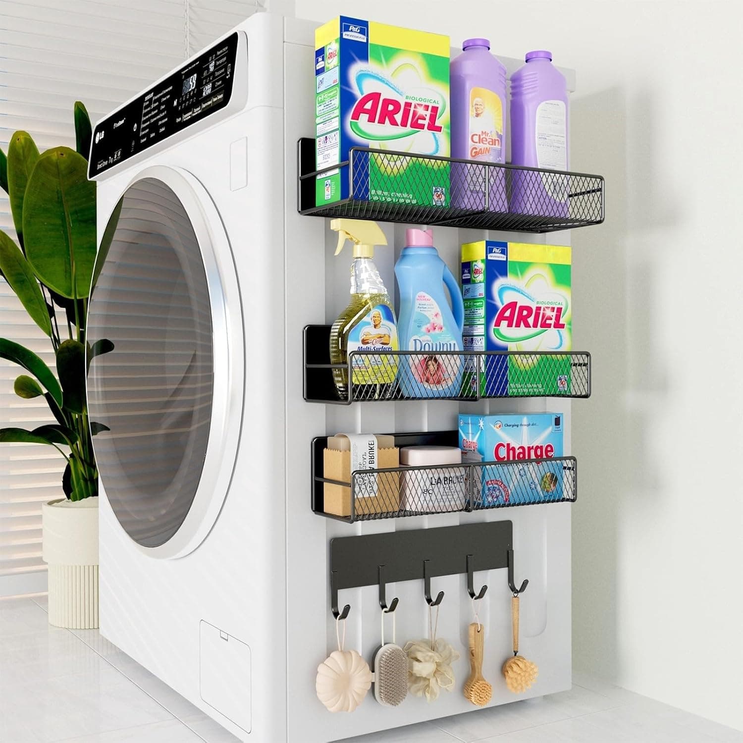 ارفف مغناطيسية للغسالة مكونة من 4 قطع، منظم رف توابل مغناطيسي للثلاجة ورف الغسالة وتنظيم الغسيل المغناطيسي والتخزين، معدن، أسود