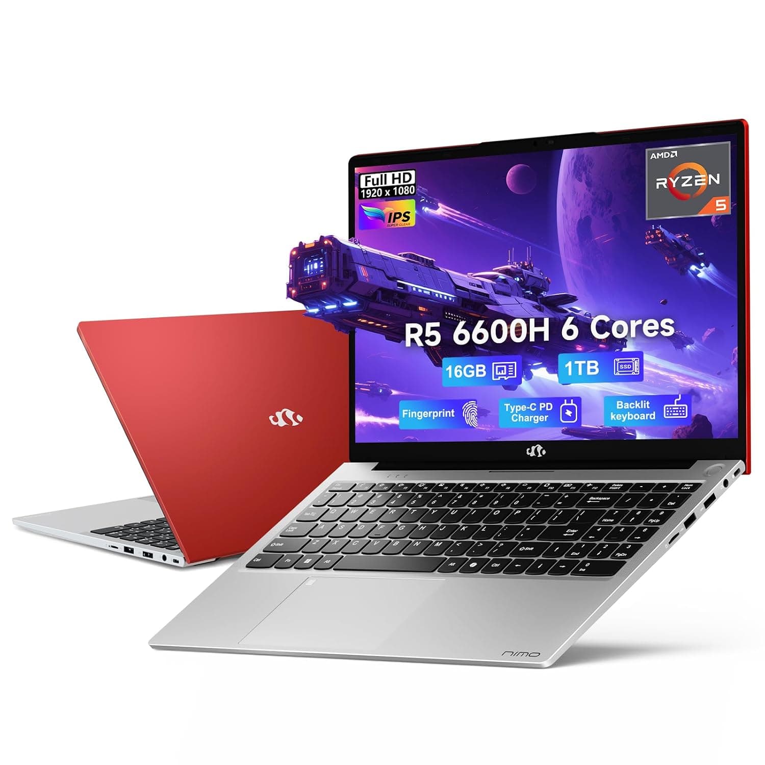 NIMO 15.6" IPS FHD-Gaming-Laptop, AMD Ryzen 5 6600H 6-Cores 660M GPU 16GB DDR5 RAM 1TB SSD(Beat i7-1165G7, Up to 4.5GHz) Computer with 100W GaN Type C Fingerprint Backlit Keyboard Win 11