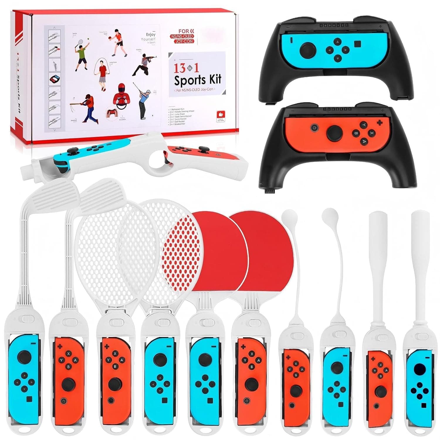 13 in 1 Switch Sport Games Accessories Bundle for Nintendo Switch Games, Family Bundle Accessory Kit with Tennis Racket Controller Joycon Grips Golf Club