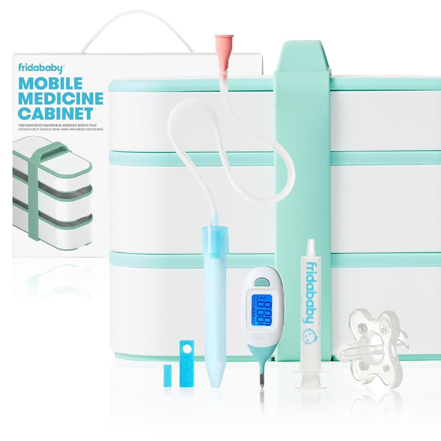 FridaBaby Mobile Medicine Cabinet Travel Kit | Portable Carrying Case Stocked with Wellness Essentials | Includes NoseFrida SnotSucker, Rectal Thermometer, MediFrida Dispenser, Carrying Case