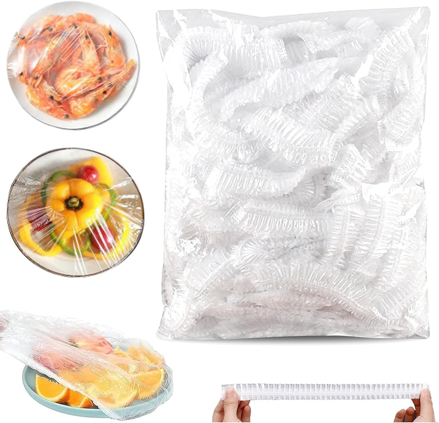SKY-TOUCH 100pcs Disposable Food Cover Plastic Wrap|Fresh Keeping Bags Food Storage Covers|Plastic Disposable Cling Film|Containers Caps Fridge Storage Kitchen Transparent Saver Bag