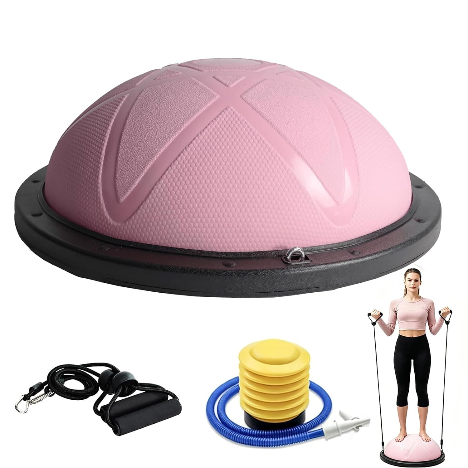Yoga Balance Ball, 58 * 22cm Inflatable Half Exercise Ball with Resistance Bands and Pump, Thickened Balance Trainer, Full Body Training Equipment for Yoga, Fitness, Core Training