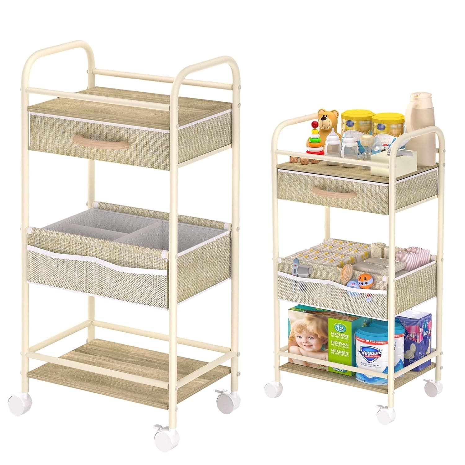 Diaper Cart Large Capacity Metal Baby Cart Organizer with Removable Dividers, Multi Compartment Nursery Diaper Caddy Cart for Newborn Clothes Baby Daily Essentials Storage