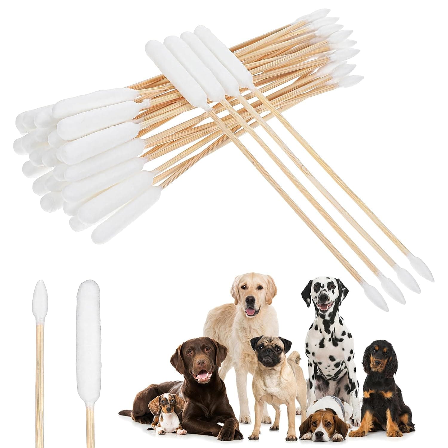 100 Pcs Long Double Sided Cotton Swabs, 6 Inch Large Cat Dog Ear Cleaner Bamboo Soft Cotton Double Tip Swab Sticks, Ears Cleaning Tools for Dogs Cats Pet Ear Care Grooming Bathroom Travel Use