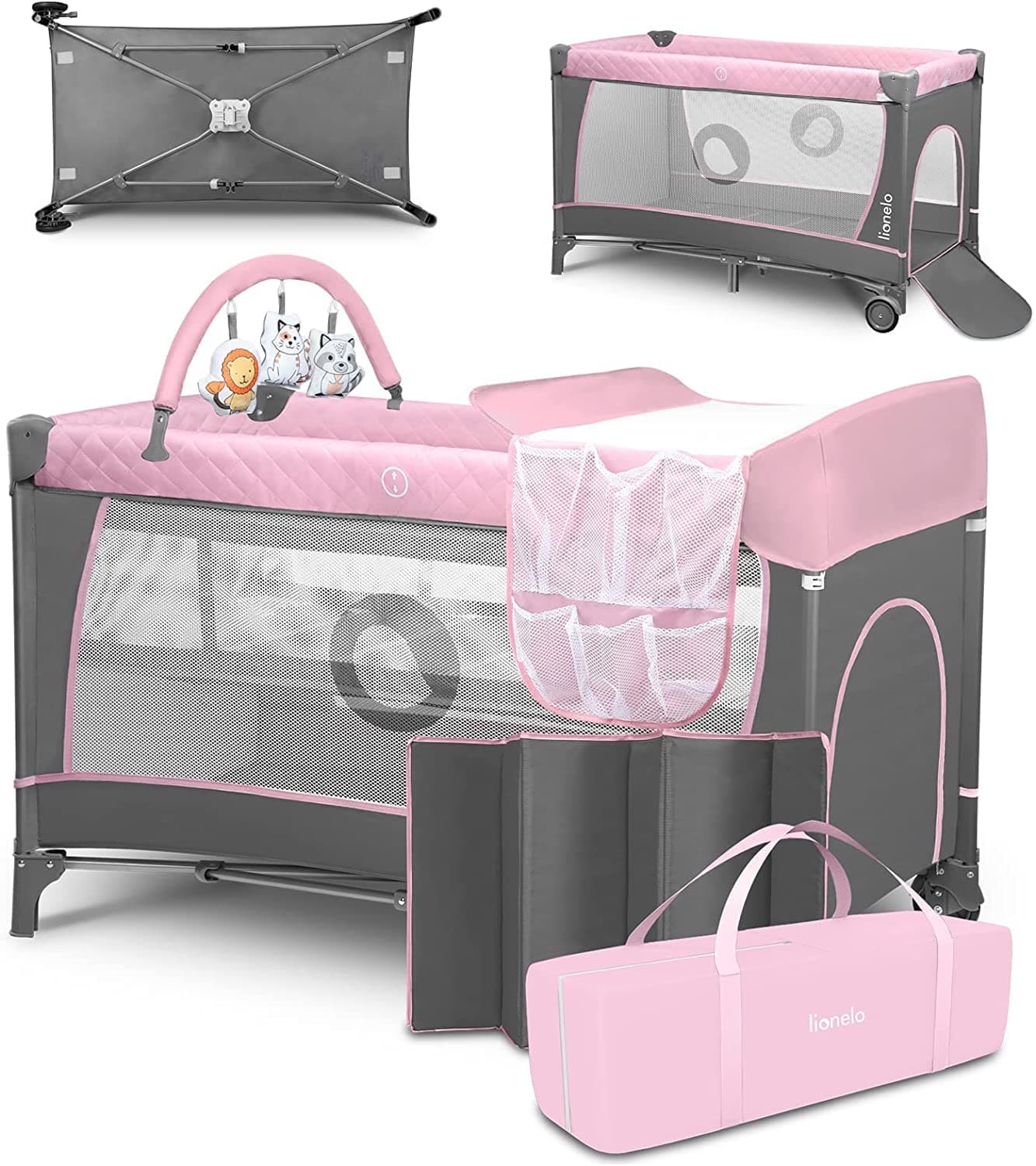 lionelo Flower 2in1 Travel Cot and Playpen with Changing Table for Newborns and Toddlers 0-36kg 2-level Mattress height Mesh Walls Side Entry Toy Bar LockGuard Safety Quick-Fold