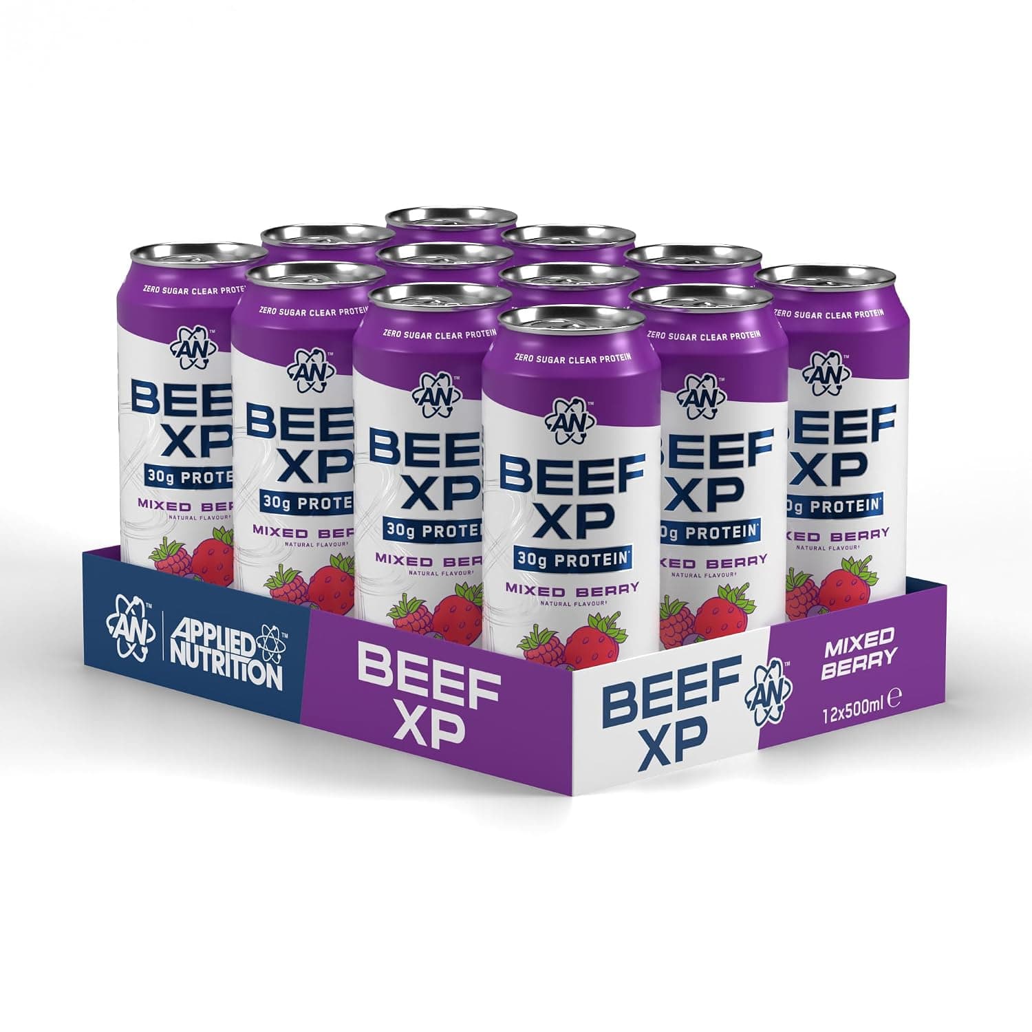 Applied Nutrition – Beef-XP Can Drink – 30g Clear Protein RTD – Best Zero-Sugar Protein – Best Carbonated Protein Drink – Muscle Recovery Boost – (Pack of 12 Cans x 500ml) (Mixed Berry)