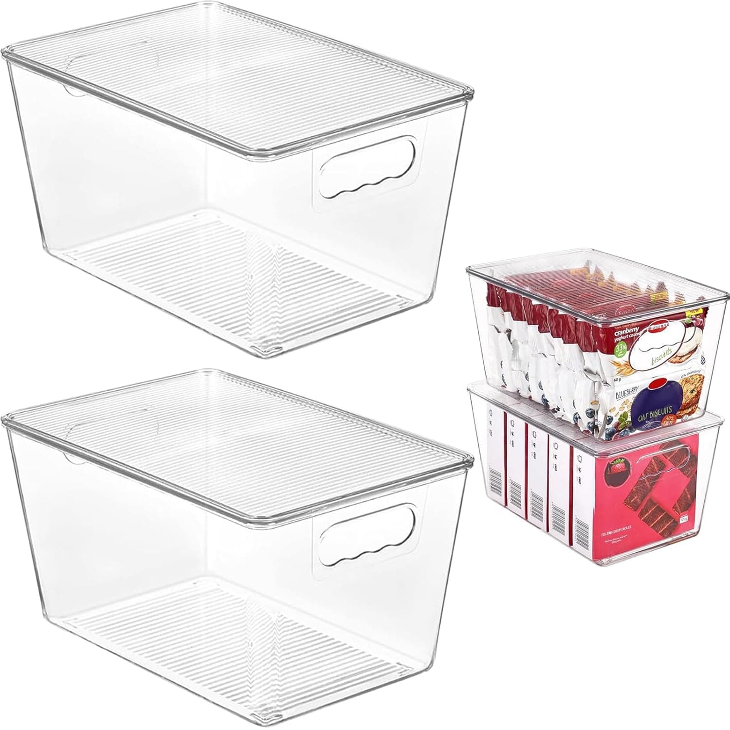 2 Pack Clear Stackable Storage Bins with Lids, Plastic Containers with Handle for Pantry, Fridge, Cabinet, Closet, Bathroom Organization, Space-Saving Storage Bins
