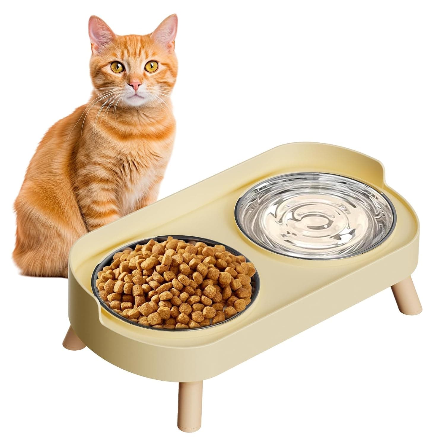Elevated Cat Feeding Station with 2 Splash-Proof Stainless Steel Bowls, Raised Pet Food and Water Bowl Set, Whisker-Friendly, Non-Slip Base, Dishwasher Safe (Yellow)