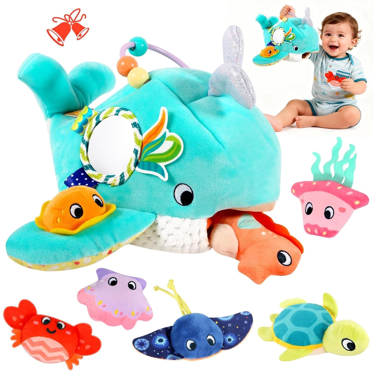 FREYBLI Baby Toys 6-12 Months - Soft Ocean Adventure Toys | 6 Month Old Baby Toys Boy Girl Gifts - Baby Sensory Montessori Toys with Rattle, Crinkle Paper, Squeaker, Mirror