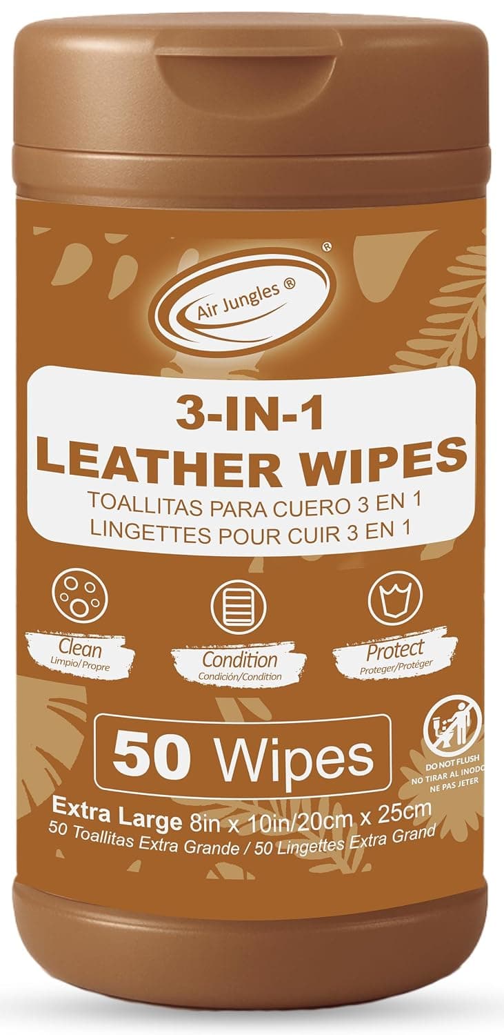 Air Jungles 3in1 Leather Wipes 50 Count, Extra Large 8" x 10" Size, Clean Condition Protect Wipes for Vinyl and Leather Apparel Furniture Auto Car Interior Shoes Boots Bags