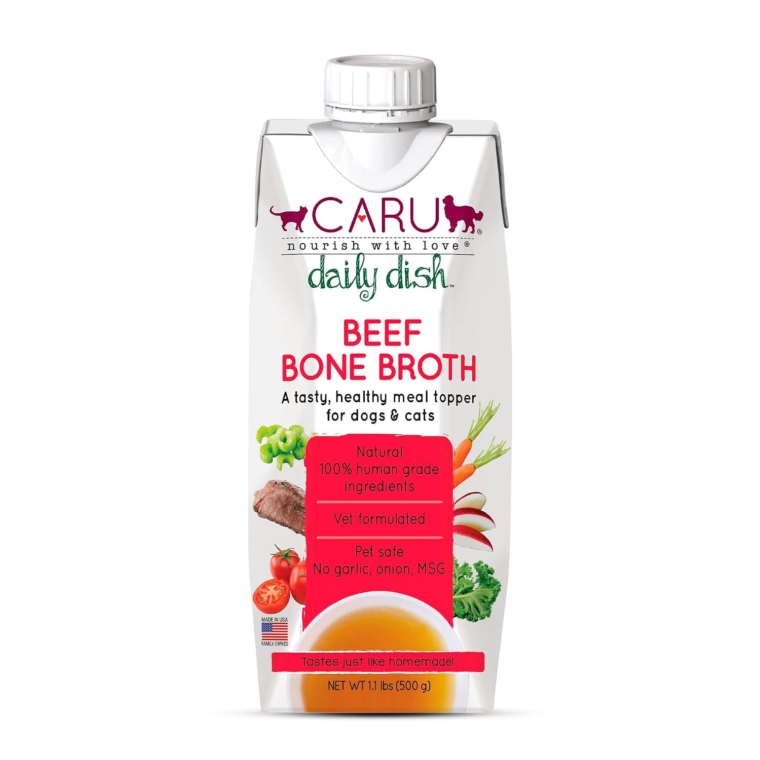 CARU Daily Dish Broth Beef 500gr Cat & Dog Food | For Dogs & Cats - Supports Overall Health - Broth for Wet/Dry Food - Human Grade Ingredients - Non-GMO - Made in USA