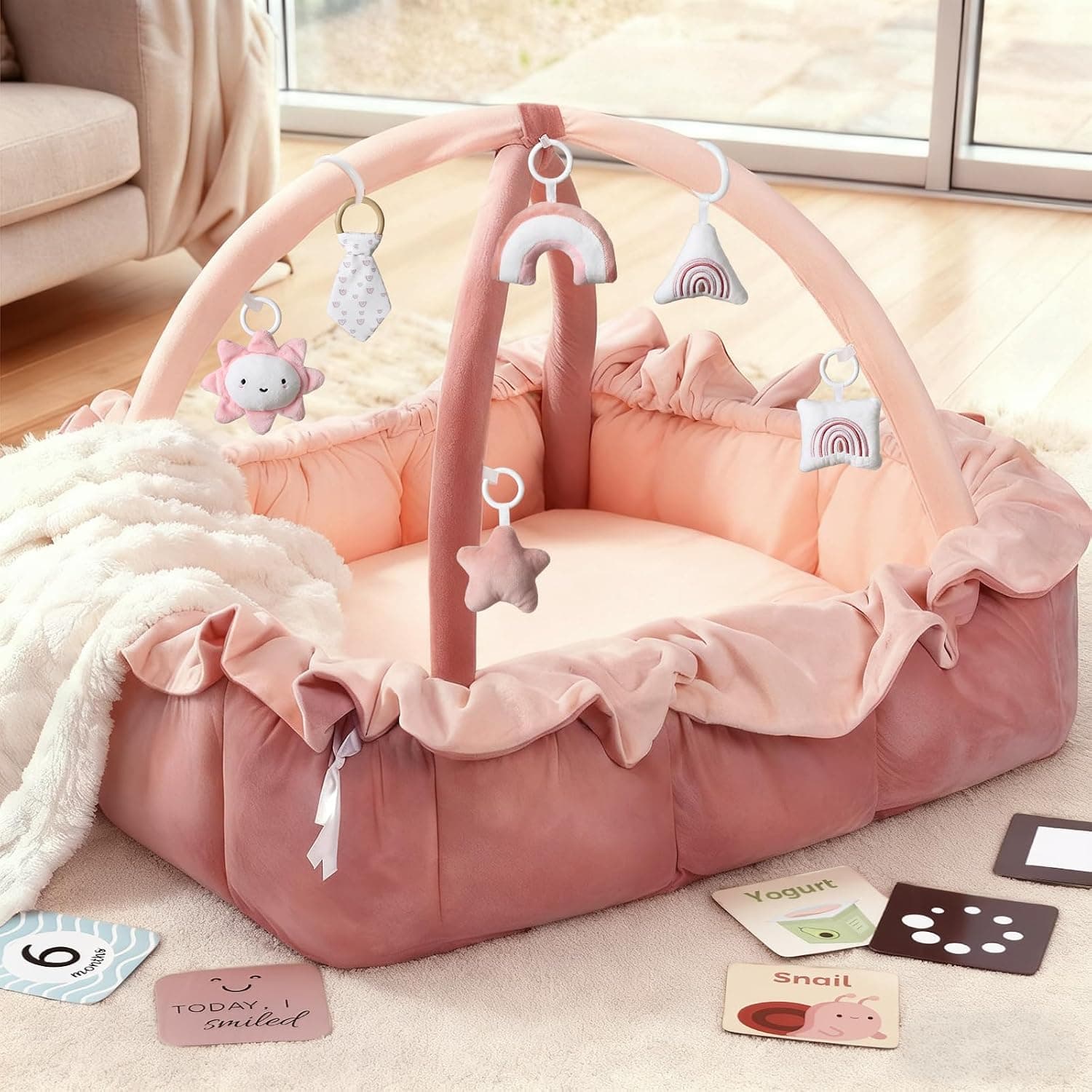 5-in-1 Plush Baby Play Gym, Baby Play Mats, Convertible Baby Gym with Blanket and 6 Toys, Tummy time mat, Baby Activity Center from Newborn to Toddler, Baby Gym, Ball Pit, Baby Gifts Ped Bed, Pink