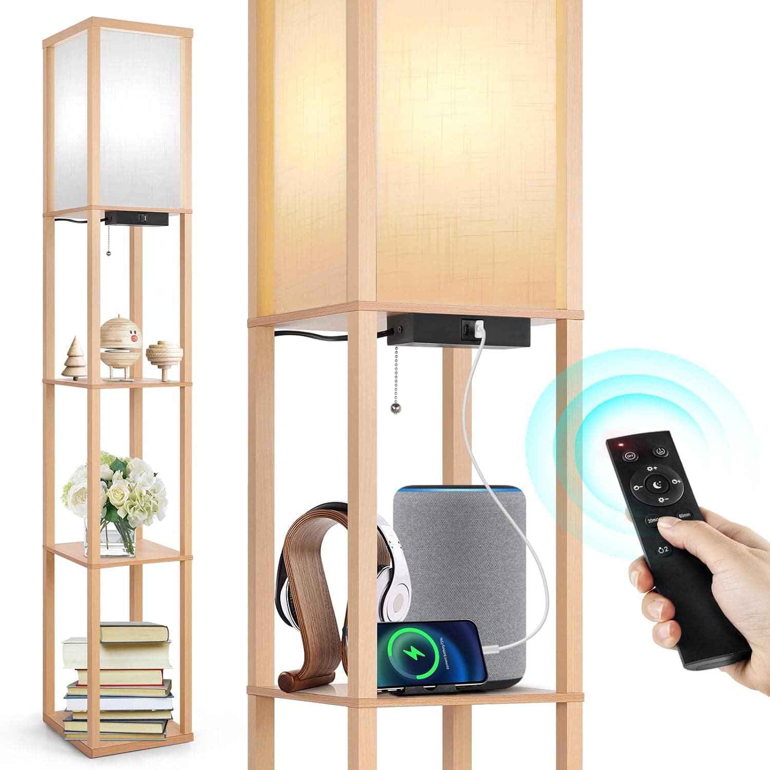 OUTON Shelf Floor Lamp with Remote, 4 Colour Temperature Adjustable LED Dimmable Floor Lamp with 2 USB Ports, 1H Timer, Tall Standing Floor Lamps for Living Room Bedroom Office, Wood