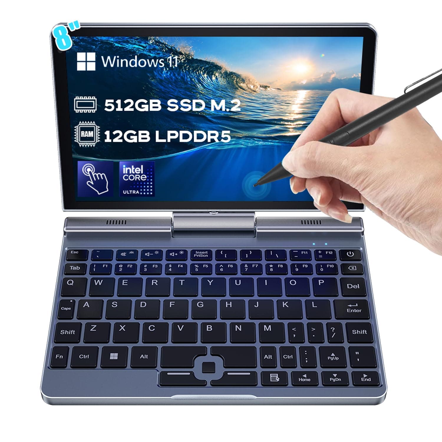 Crelander 2-in-1 Mini Laptop | 8-Inch Touchscreen Portable Small Pocket Computer | Intel 12th Gen N100 Processor | 12GB DDR5 RAM 512GB SSD |PD 30W Charging | WiFi6 BT5.2 |Backlit Keyboard |Windows 11