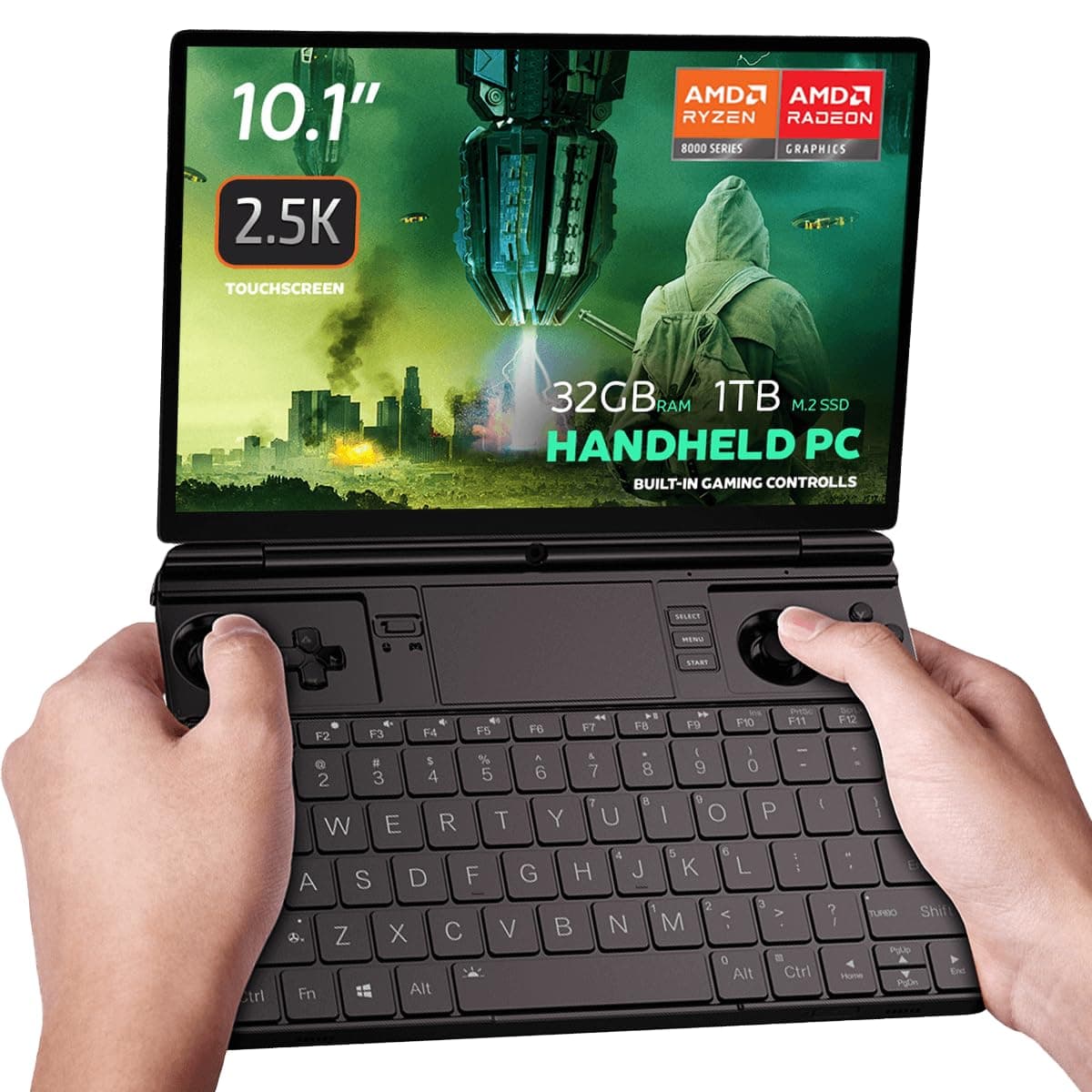 GPD WIN MAX 2 2025 is a gaming notebook PC with AMD Ryzen 7 8840U, Radeon 780M GPU, 32GB RAM, 1TB SSD, OcuLink, 10.1 inch IPS display, gaming controllers, keyboard and touchpad.