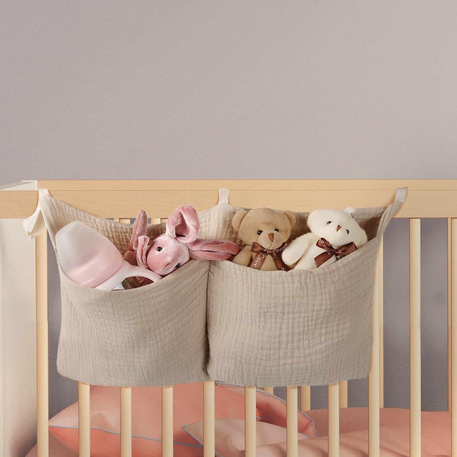 Bukela Baby Diaper Caddy Organizer 100% Cotton Bedside Hanging Storage Bag 2 Pockets Multi Functional Nursery Crib Stacker For Essentials