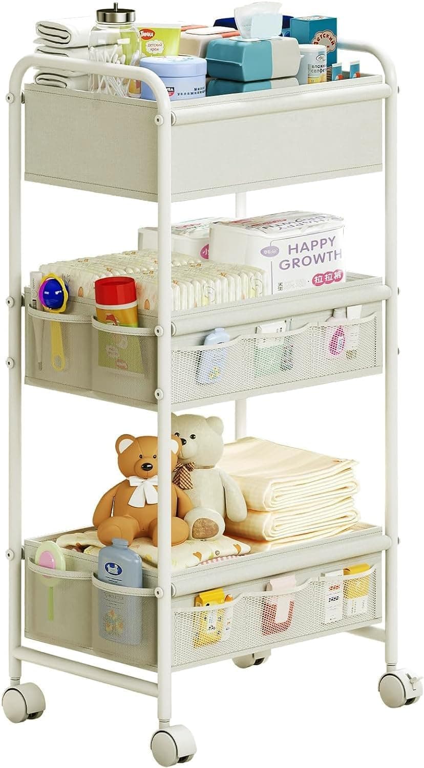 Baby Diaper Caddy Cart Organizer, 3 Tier Mobile Nursery Storage cart with Wheels, Durable Metal Utility Cart Newborn Baby Essentials With 2 Dividers & 14 Mesh Pockets for Nursery, Bedroom, Bathroom