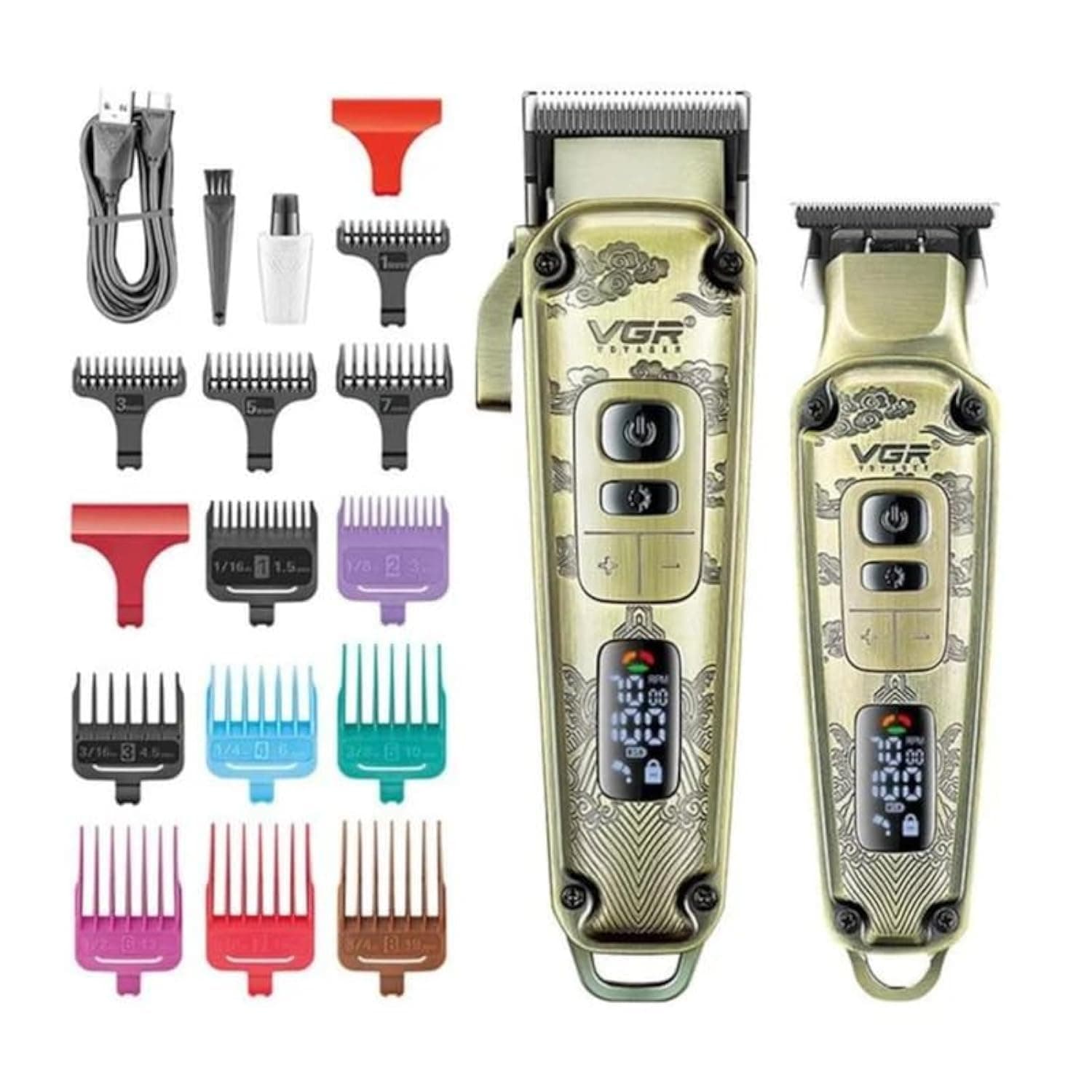 في جي ار مجموعة ماكينة حلاقة الشعر V-643 فائقة الجودة من المعدن بشفرة معدنية وشاشة رقمية 5500-7000 دورة في الدقيقة ومحرك بـ4 سرعات وزر اختبار تلقائي و12 مشط توجيه ومقص على شكل حرف T