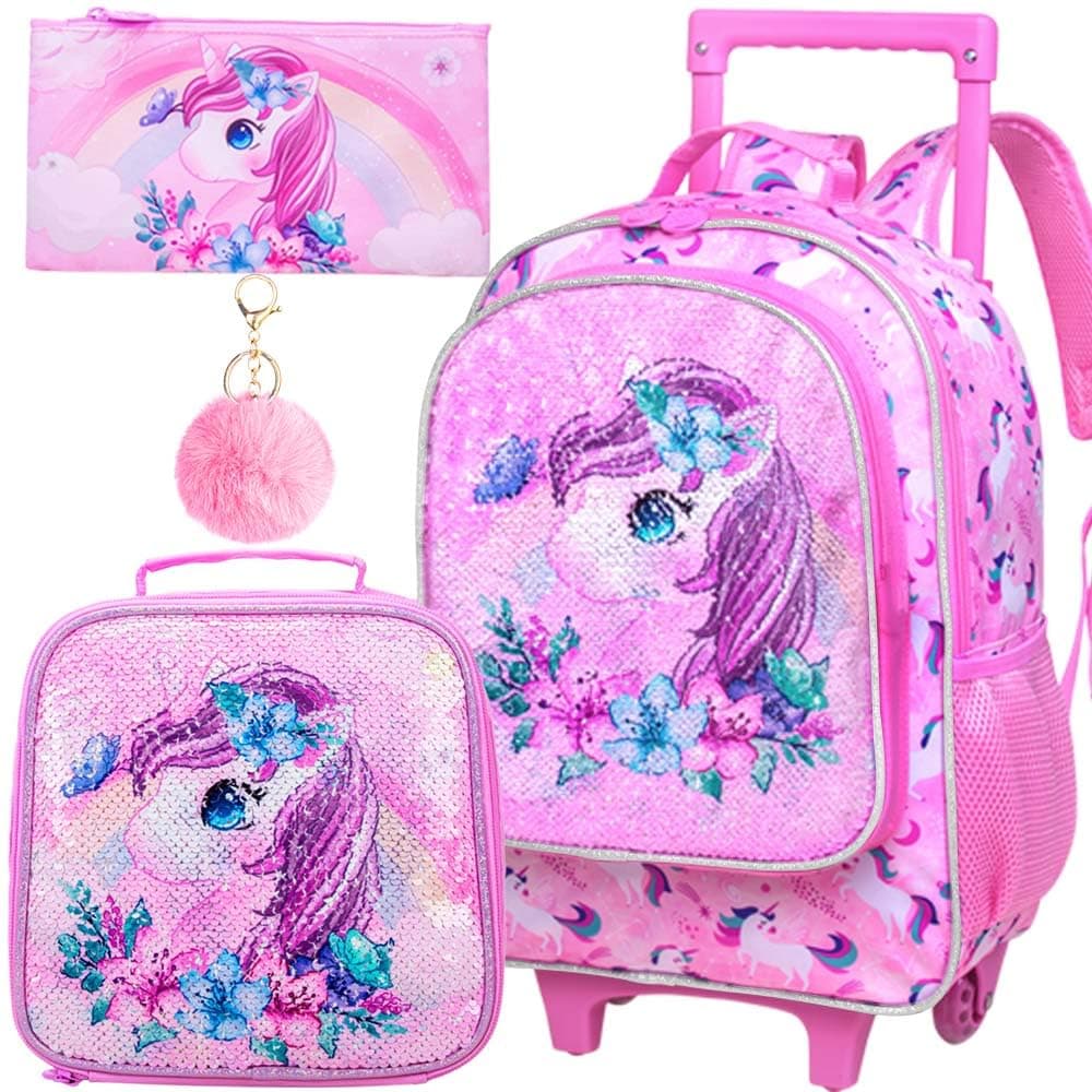 KLFVB Rolling Backpack for Girls Boys, Kids Roller Wheels School Bookbag with Lunch Bag, Wheeled School Bag for Children, Butterfly Unicorn, One Size, Modern