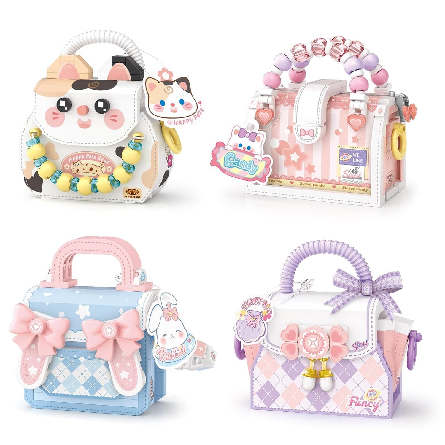 Mini Sweet Handbag Building Blocks Toy Set - 4 in 1 Cute Animal & Candy Theme Creative Construction Bricks for Kids, Educational Gift and Collection for Boys & Girls