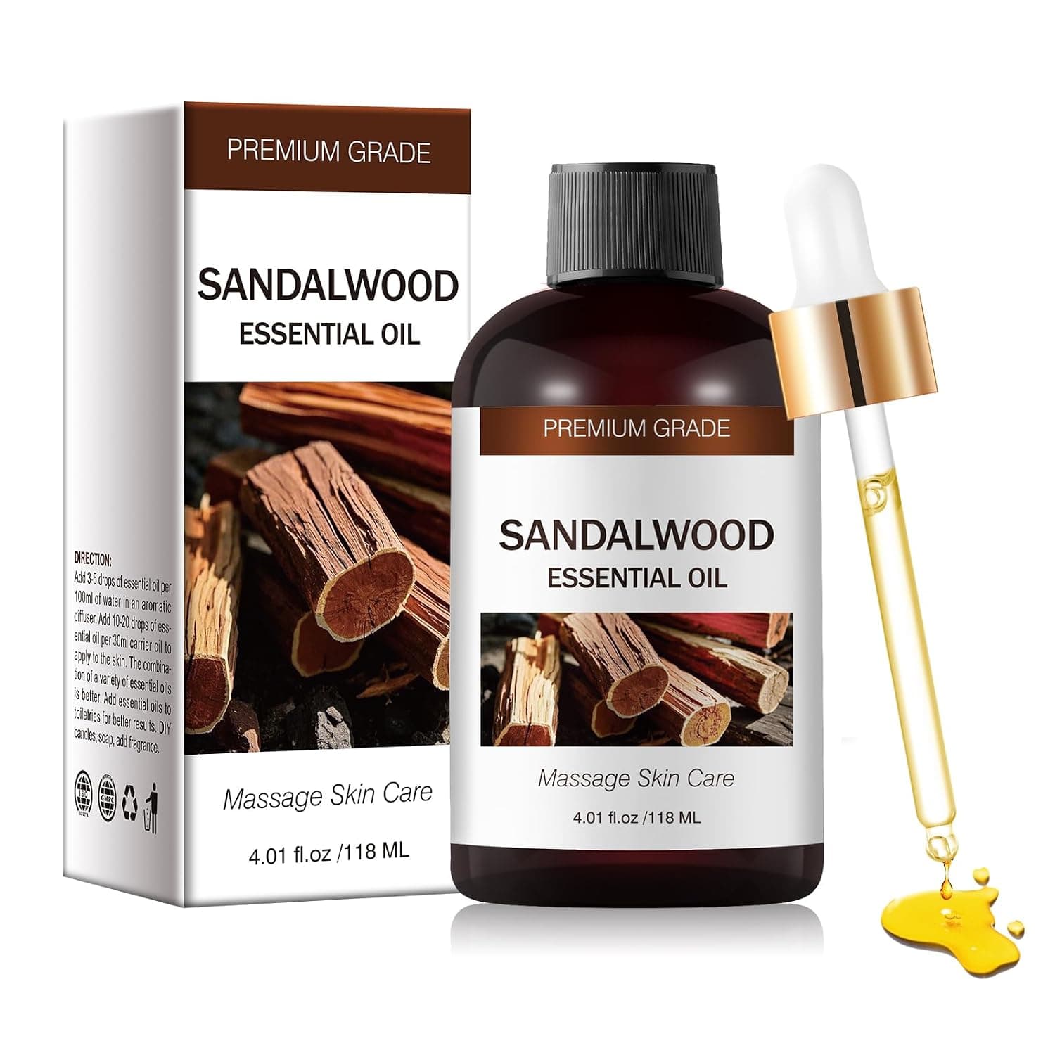 Sandalwood Essential Oils, Premium Grade Oils for Skin, Hair Care, Home Diffusers, Aromatherapy, Perfume, Massage and Humidifiers,Candle Soap Making,Quality Fragrance Oils 118ml