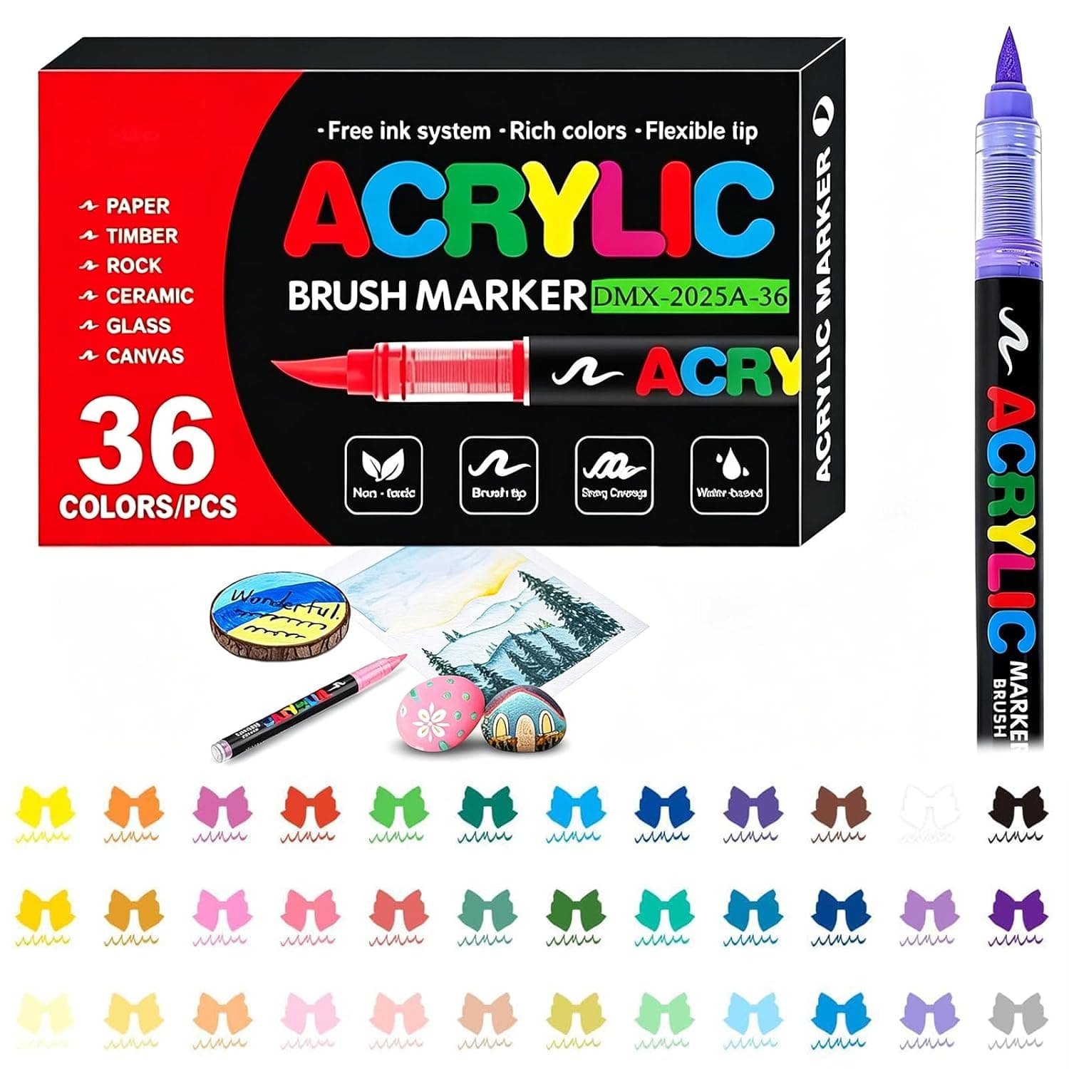 36 Colors Acrylic Paint Pens, Soft Brush Tip Acrylic Markers, for Canvas, Rock Painting, Wood, Stone, Glass, Ceramic, Fabric Painting, DIY Crafts