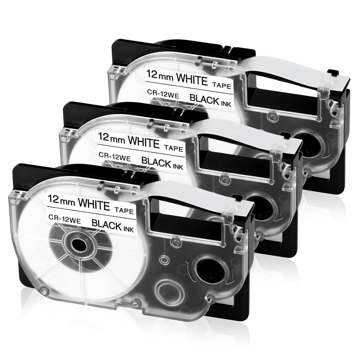 12mm Black On White Label Tape Compatible with Casio XR-12WE, 3-Pack | 1/2 inch Label Tape Compatible with Casio KL-120 KL-60 KL-100 KL750B KL750 KL7200 Label Maker Machines