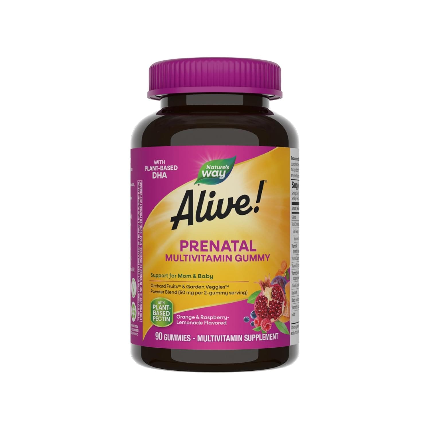 Nature's Way Alive Prenatal Multi-Vitamin with Plant DHA - 90gummies (Strawberry/Lemon Flavored) | Supplement with Plant-Based DHA for Brain & Eye Development*, Orange & Raspberry Lemonade Flavored, Gluten-Free, Vegetarian