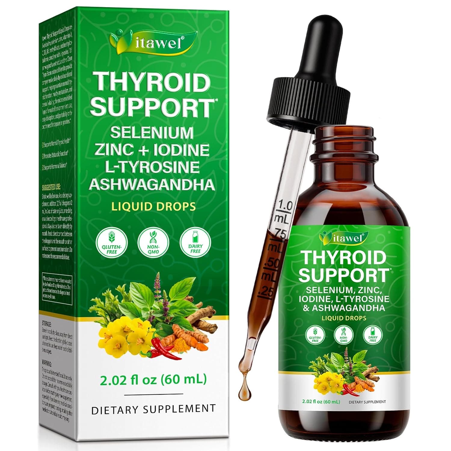 Thyroid Support Liquid Drops 60ml – Selenium, Zinc, Iodine, L-Tyrosine & Ashwagandha for Hormonal Balance, Metabolism & Thyroid Health Support