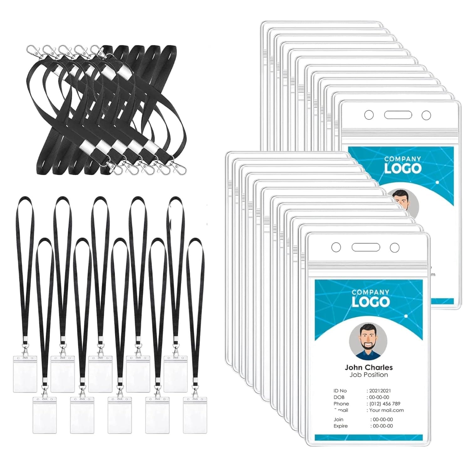 20 Pack Clear ID Badge Holder with Lanyard Black Lanyards with Vertical Waterproof ID Badge Holder for Office, School, Travel (Clear-20pcs)