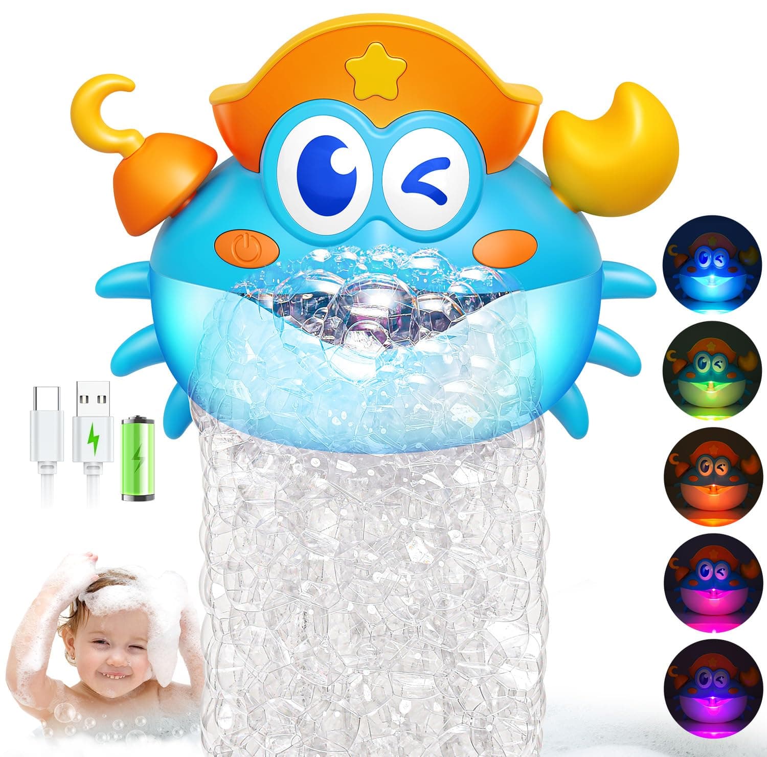 Bath Toys,Rechargeable Crab Baby Bath Toys Light Up Bath Bubble Machine with Colourful RGB Light Great Birthday Gift for Boys and Girls Toddler Toy for Kids Ages 1-3 4-8