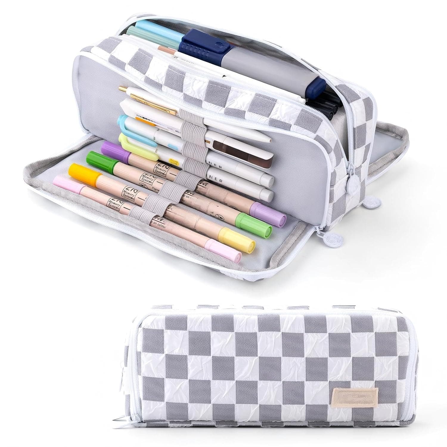 Large Pencil Case, Checkered Pencil Pouch, Big Capacity 3 Compartments, Portable Pencil Box for Kids, Grey Preppy Pencil Case, Canvas Pencil Pouch for Teen Boys Girls School Students