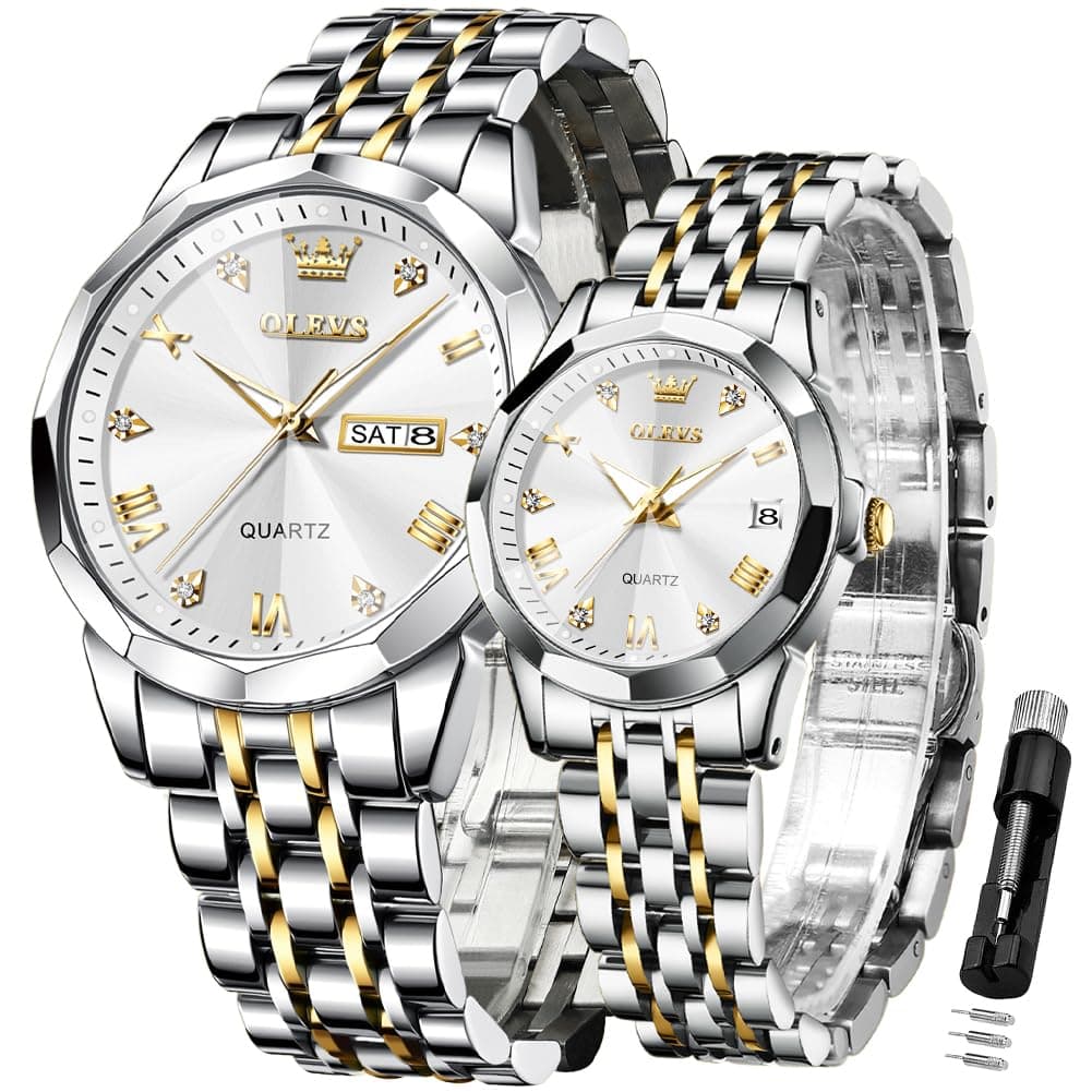 OLEVS Valentines Couple Pair Quartz Watches Luminous Calendar Date Window 3ATM Waterproof, Casual Stainless Steel His and Hers Wristwatch for Men Women Lovers Wedding Romantic Gifts Set of 2