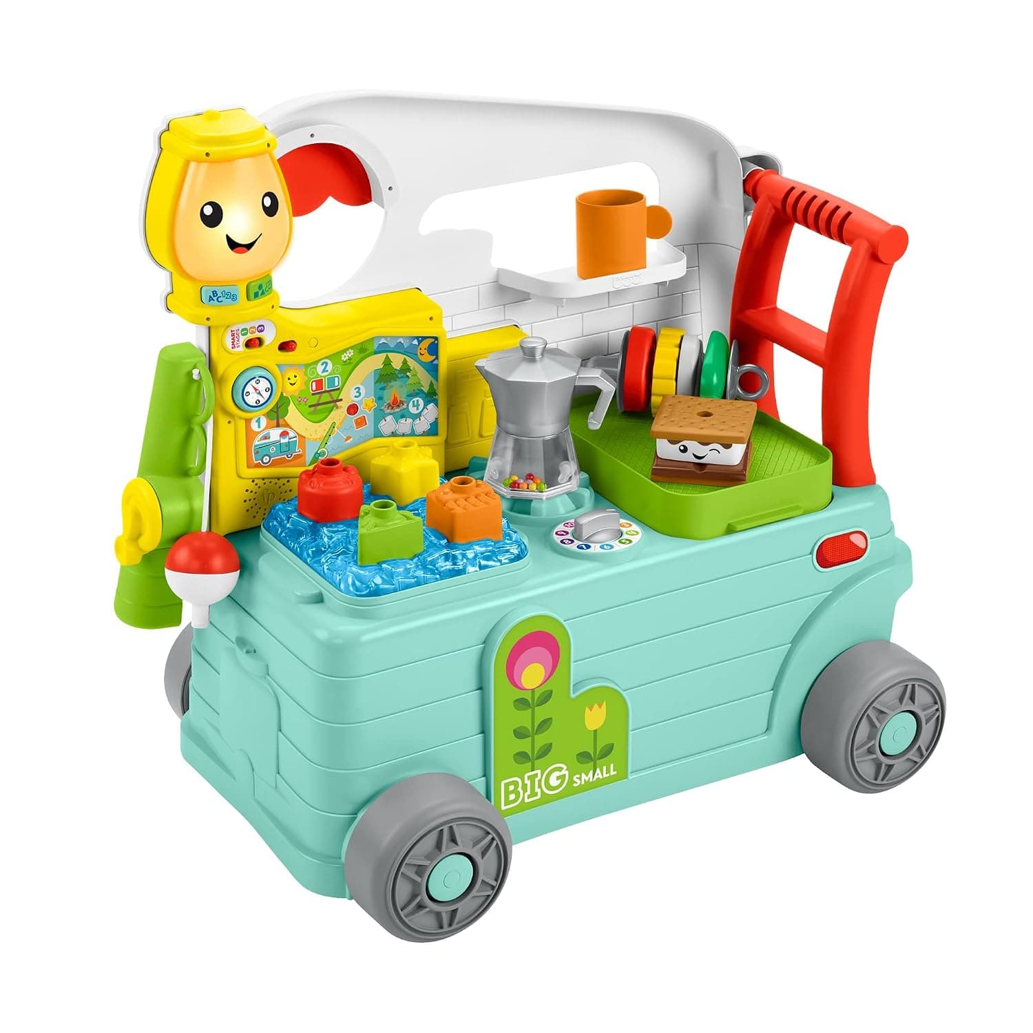 Fisher-Price HCK56 Laugh & Learn 3-in-1 On-The-Go Camper - UK English Edition, Musical Push-Along Walker and Activity Center for Infants and Toddlers, Multicolor, 52.8 cm*34.5 cm*50.4 cm