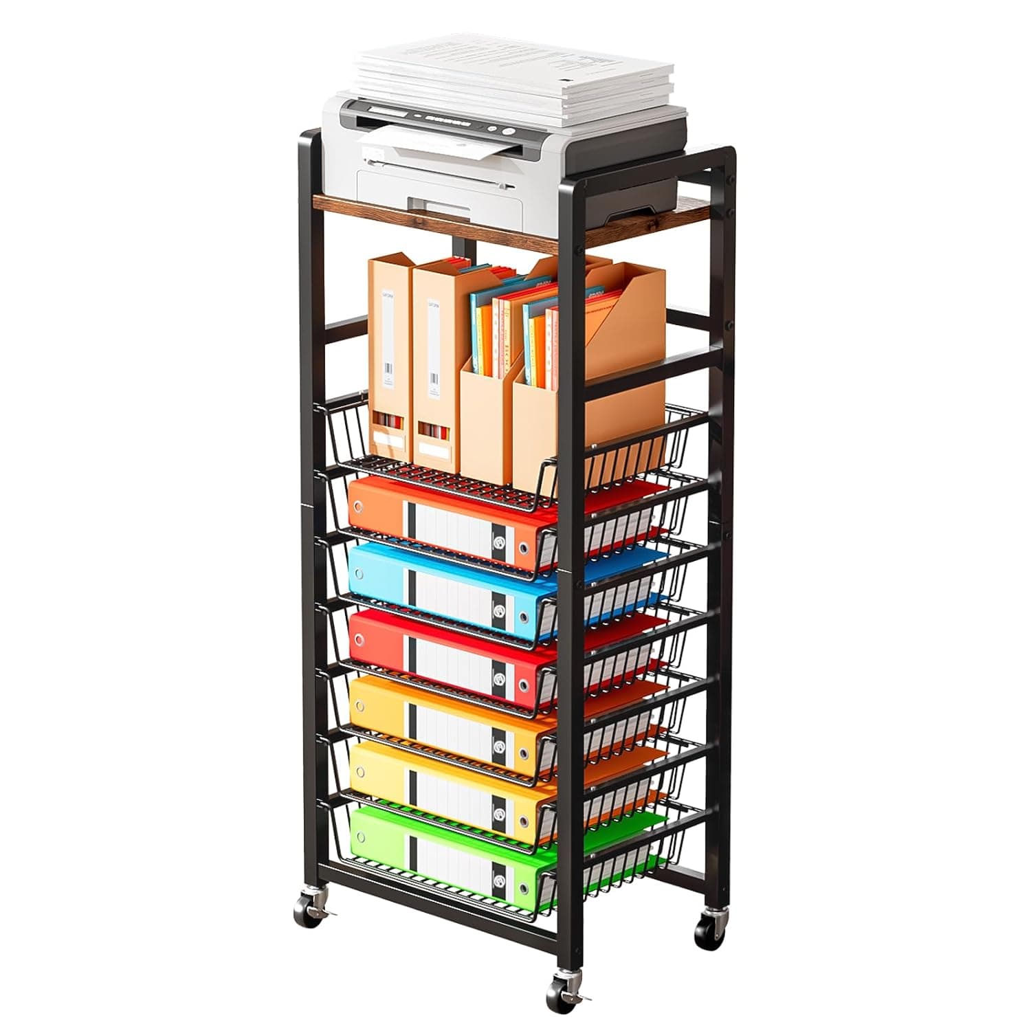 8 Tier Rolling File Cart on Wheels,File Holder Organizer with Sliding Tray and Paper Letter Storage Multi-Functional Rolling Clutter Cart for Office Home School,Black 44.5D x 28W x 106.5H cm