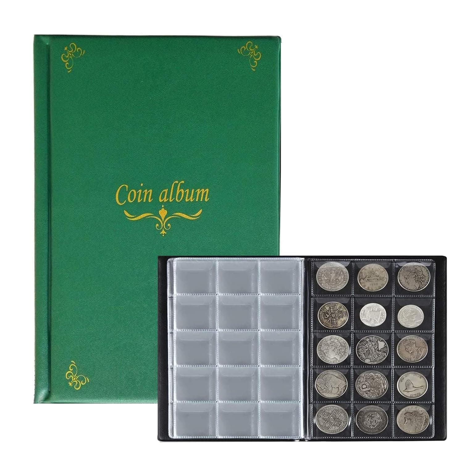 AITIME Coin Collection Book, 150 Pockets Coin Holder Album, Ideal Souvenir Collection Supplies Gifts for Hobby Collecting Collectors (Green)