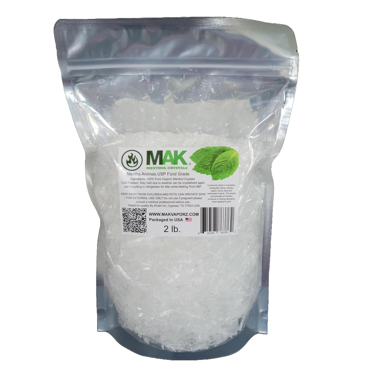 MAK MAK Menthol Crystals 2 Pounds - Pure, Organic, 100% Natural - Crystal Mints Menthol Crystals, Mentha Arvensis; Come in a Resealable Vertical Bag for Dur Freshness