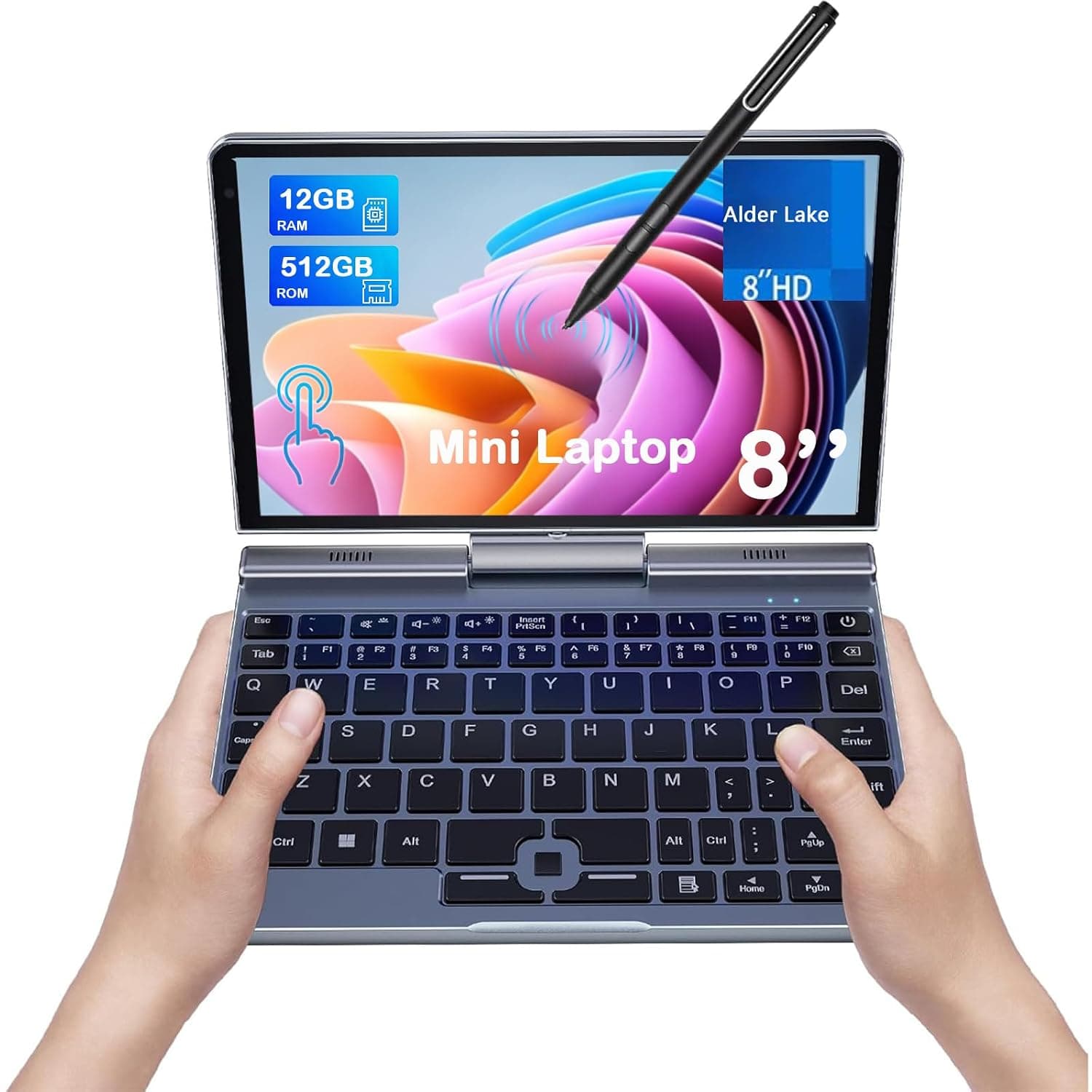 Mini Laptop, Small Laptop Win11 Pro 8 inch HD Touch Screen 2-in-1 Pocket PC 12GB LPDDR5 RAM, 512GB/1TB SSD Wi-Fi 6,BT 5.2,HDMI,2MP Camera Convertible Laptop (P8-12GB+512GB)