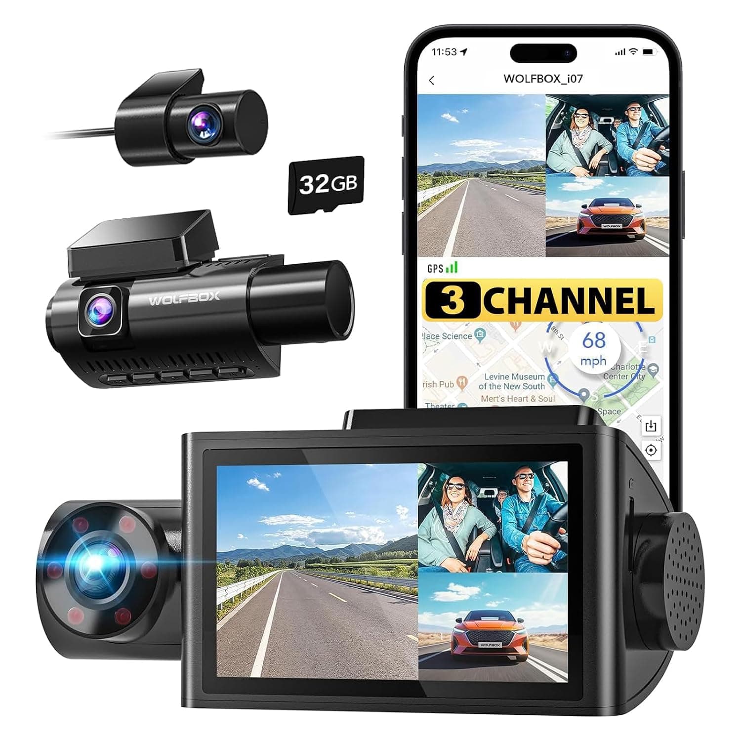 WOLFBOX i07 Dash Cam 3 Channel with WiFi GPS, 4K Dash Camera Front and Inside, 3 Way Dash Camera for Cars, 3" LCD Dash Cam Front and Rear, Super IR Night Vision, 24H Time Lapse, Support 512GB Max