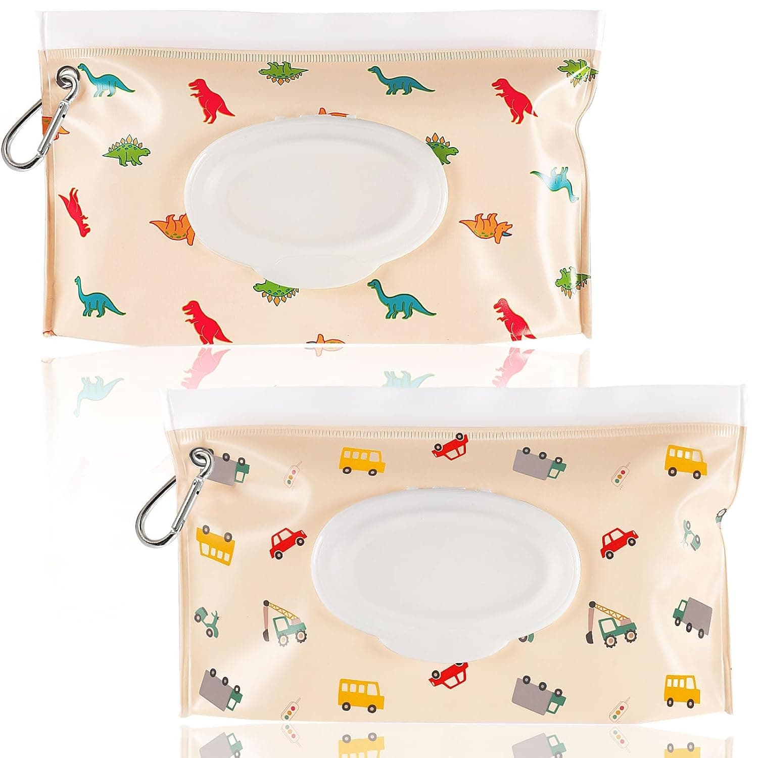 2 Packs Baby Reusable Wet Wipes Pouch, Portable Refillable Travel Case for Diaper Wipes,Perfect for On-the-Go Baby Care, Waterproof & Dustproof Cute Animal, Car, Yellow Print Storage Holder
