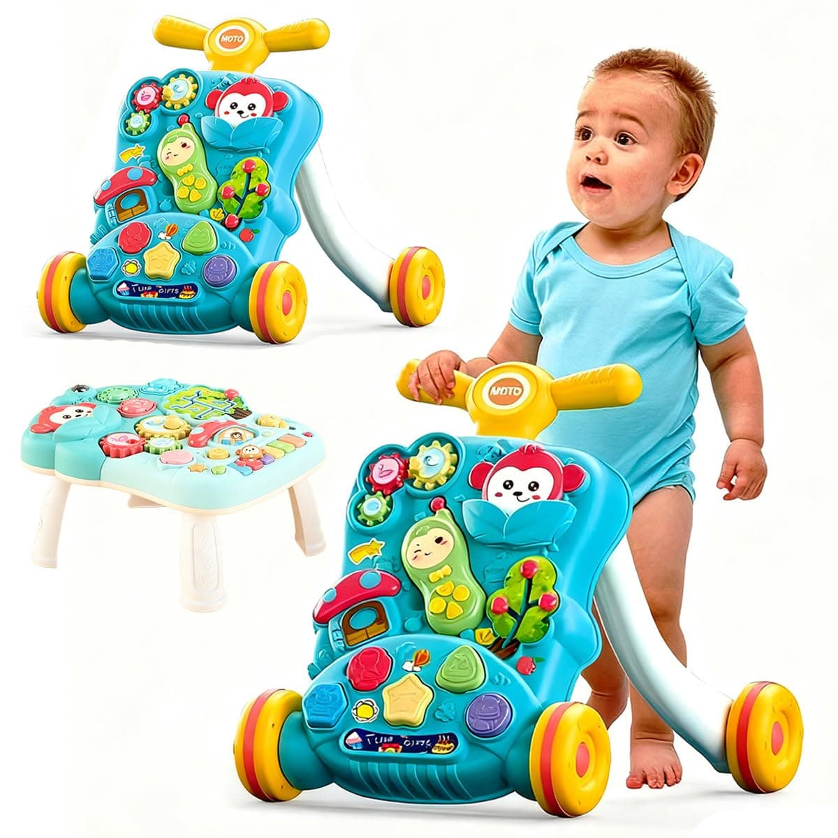3 in 1 Baby Walker, Sit to Stand Baby Walker, Activity Center with Music, Activity Table for Toddlers, Push Toys for Babies Learning to Walk, Early Education Toys for Boys Girls 6+ Months (Green)