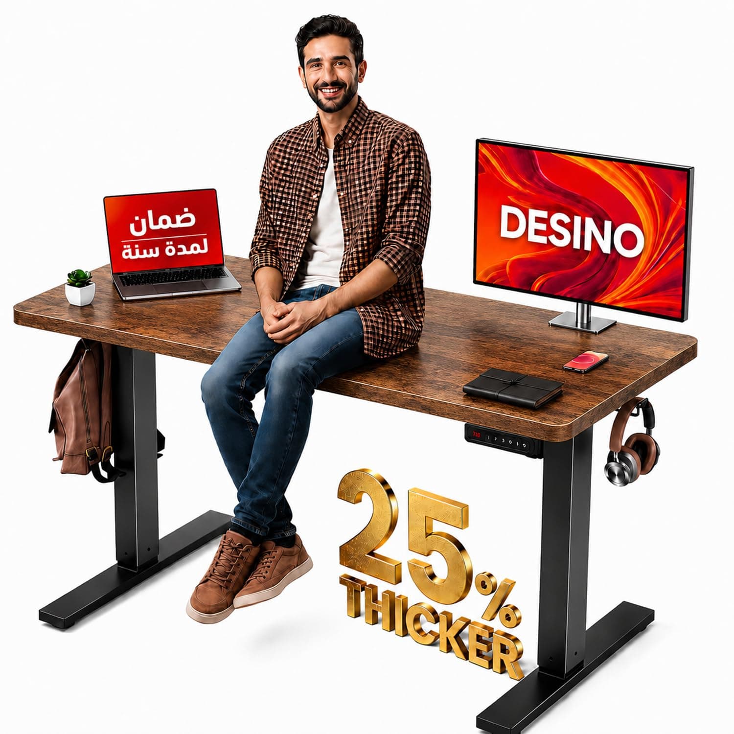 DESINO 160CM Large Electric Standing Desk, Height Adjustable Computer Desk, 60CM Deep Desktop, Stand up Gaming Office Table, 2 Preset Heights, for Home Office (Brown, 160CM)