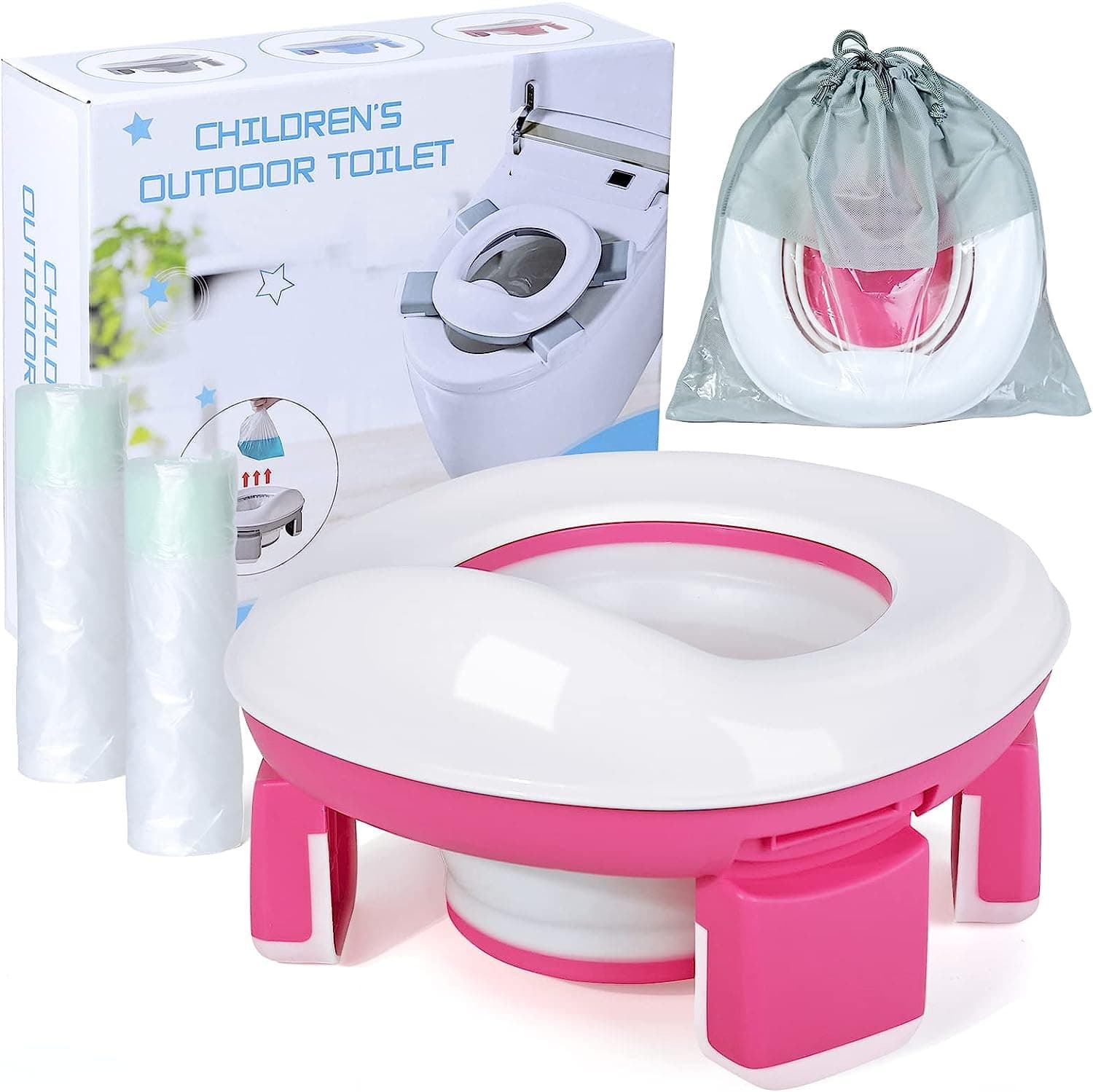 Portable potty training toilet for boys and girls with storage bag - foldable travel potty chair, indoor and outdoor potty seat for toddlers, easy to clean. (Pink)