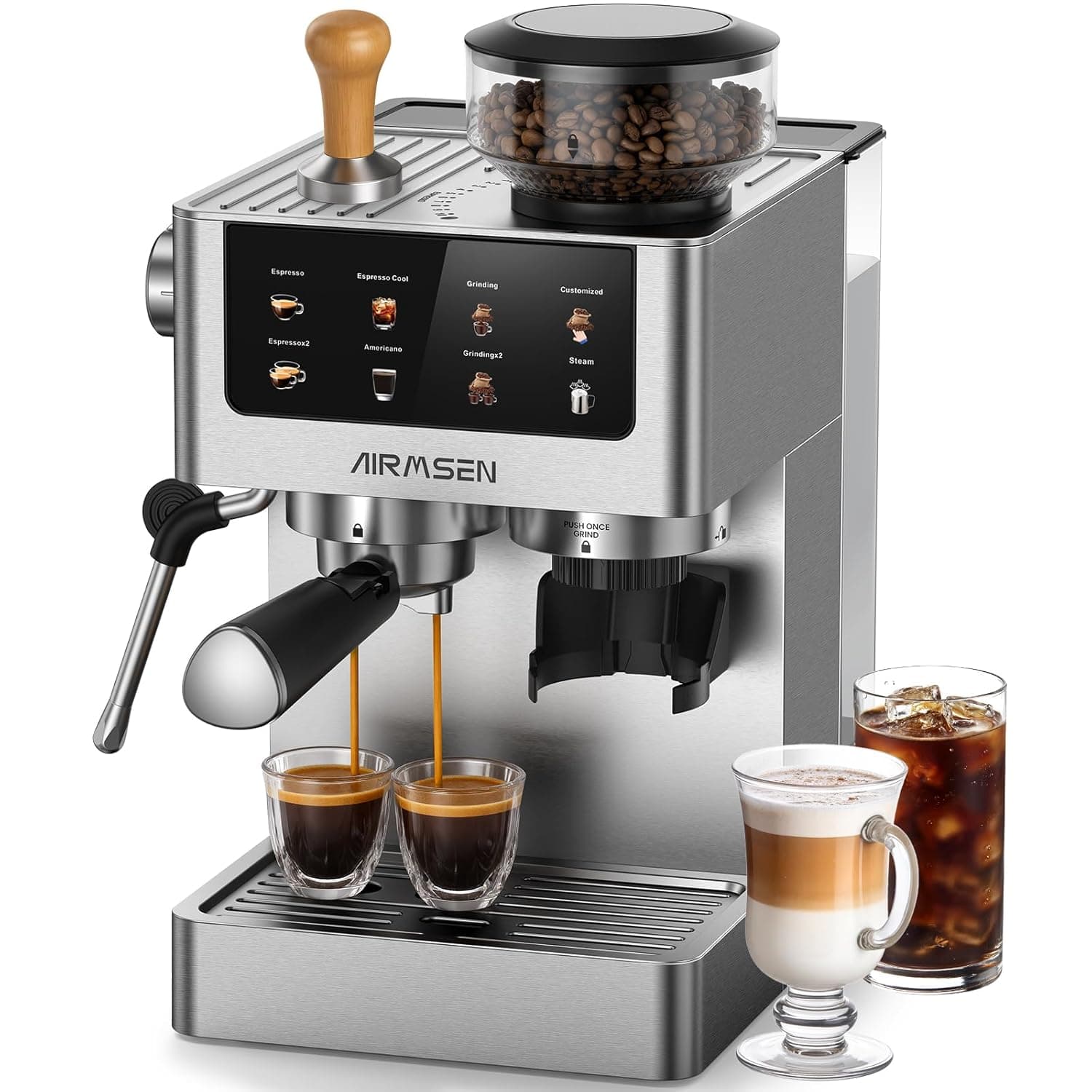 AIRMSEN Espresso Machine with Grinder - 20 Bar Bean to Cup Coffee Machine with Milk Frother, 10 Grinding Settings, 1.8L Removable Water Tank for Home