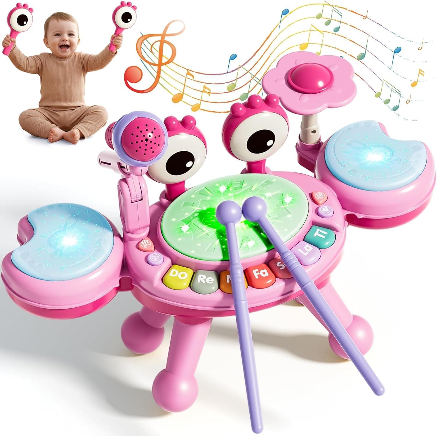 Toddler Drum Set for Kids, Baby Drum Set with Light-Up Microphone, Musical Instruments Montessori Learning Toys for 18 Months+, Birthday Gift for Boys Girls (Pink)