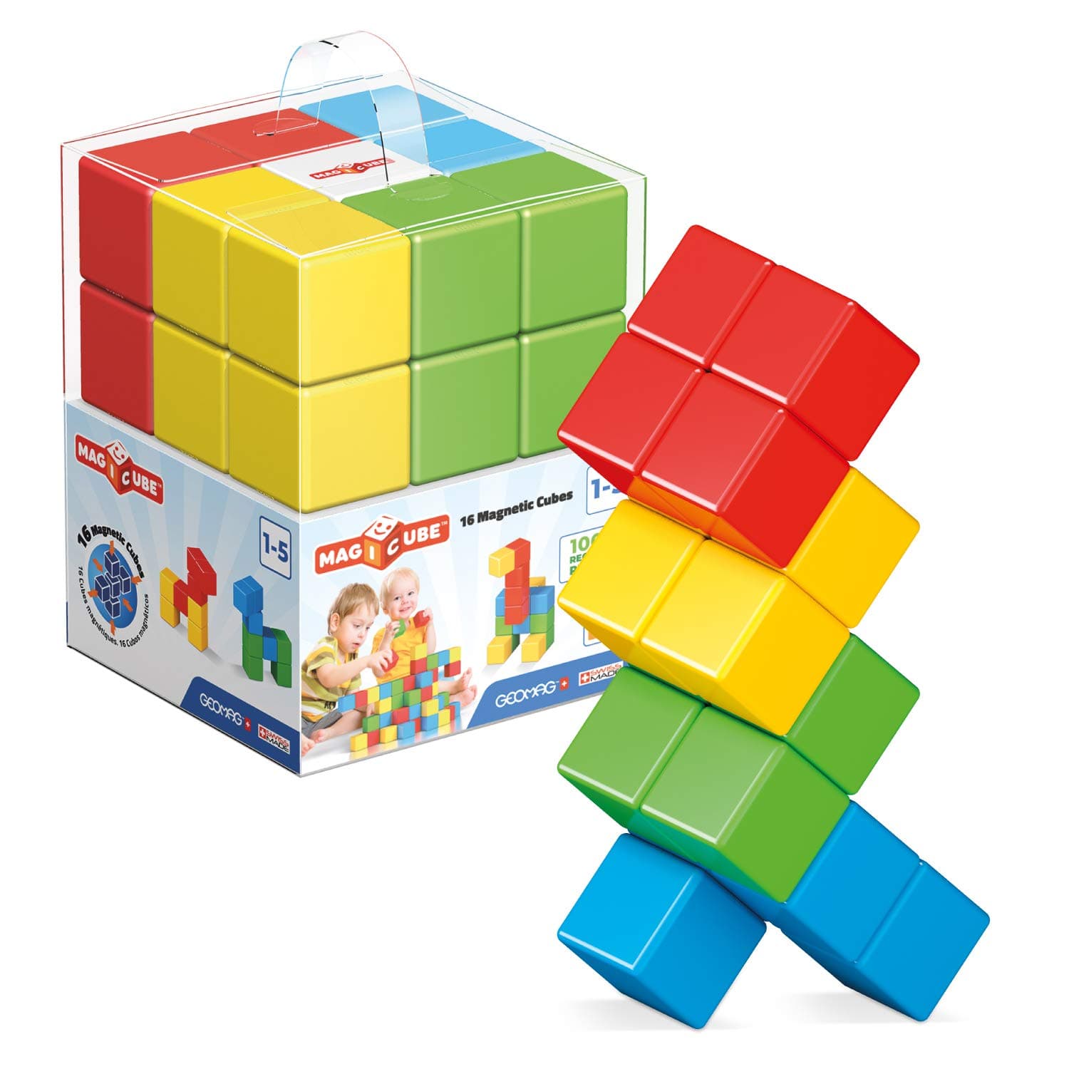 Geomag Magicube Full Color Building Set, STEM & Educational Magnet Toys, Made in Switzerland, 100% Recycled Plastic, Open Ended Construction Toys, 1yr+, 16pcs