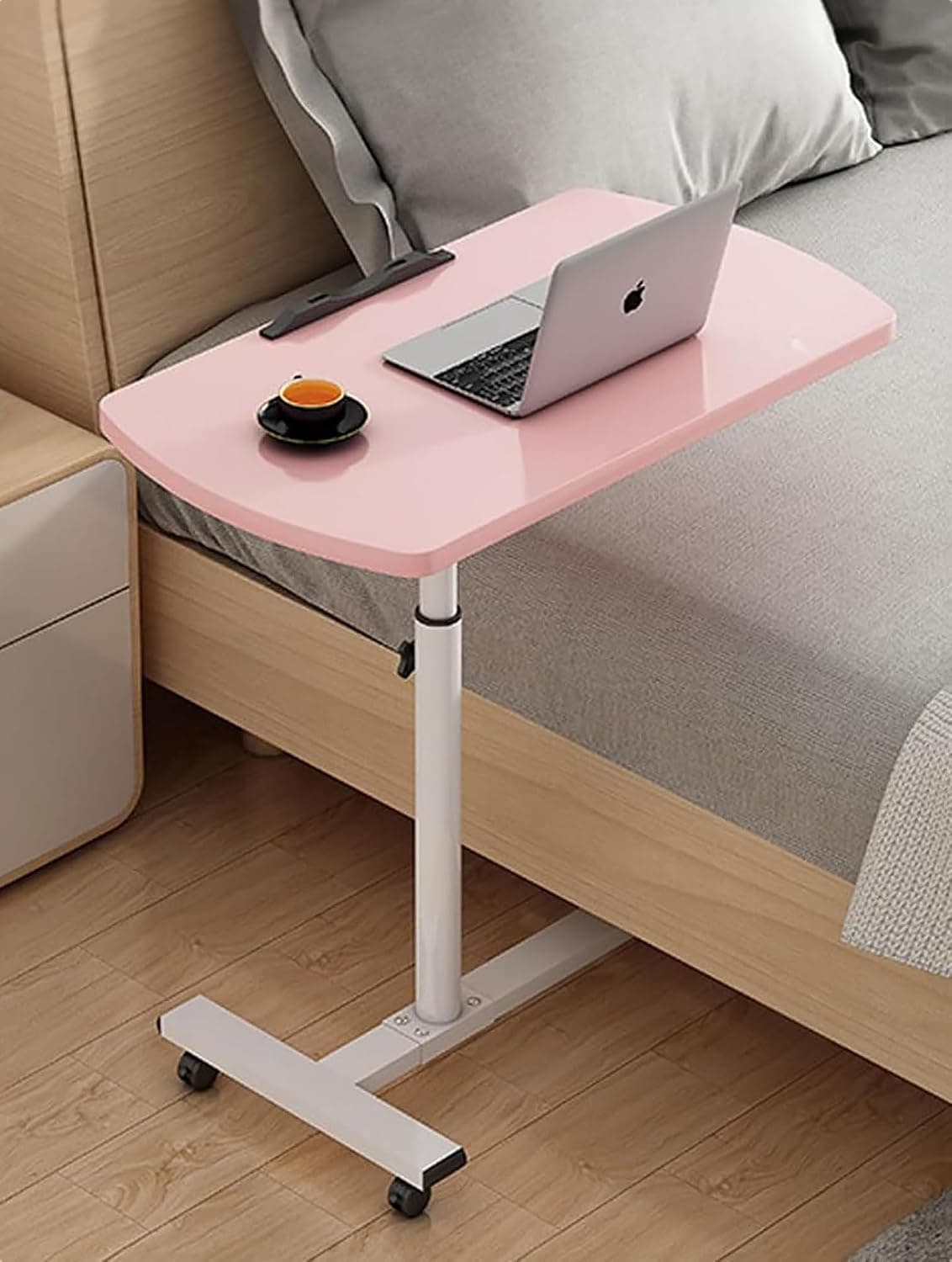 Over The Bed Table On Wheels, Portable Mobile Standing Desk,Adjustable Computer Desk Sofa Desk Slide Under Sofa Table Laptop Table, for Couch, Home, Office(Pink)